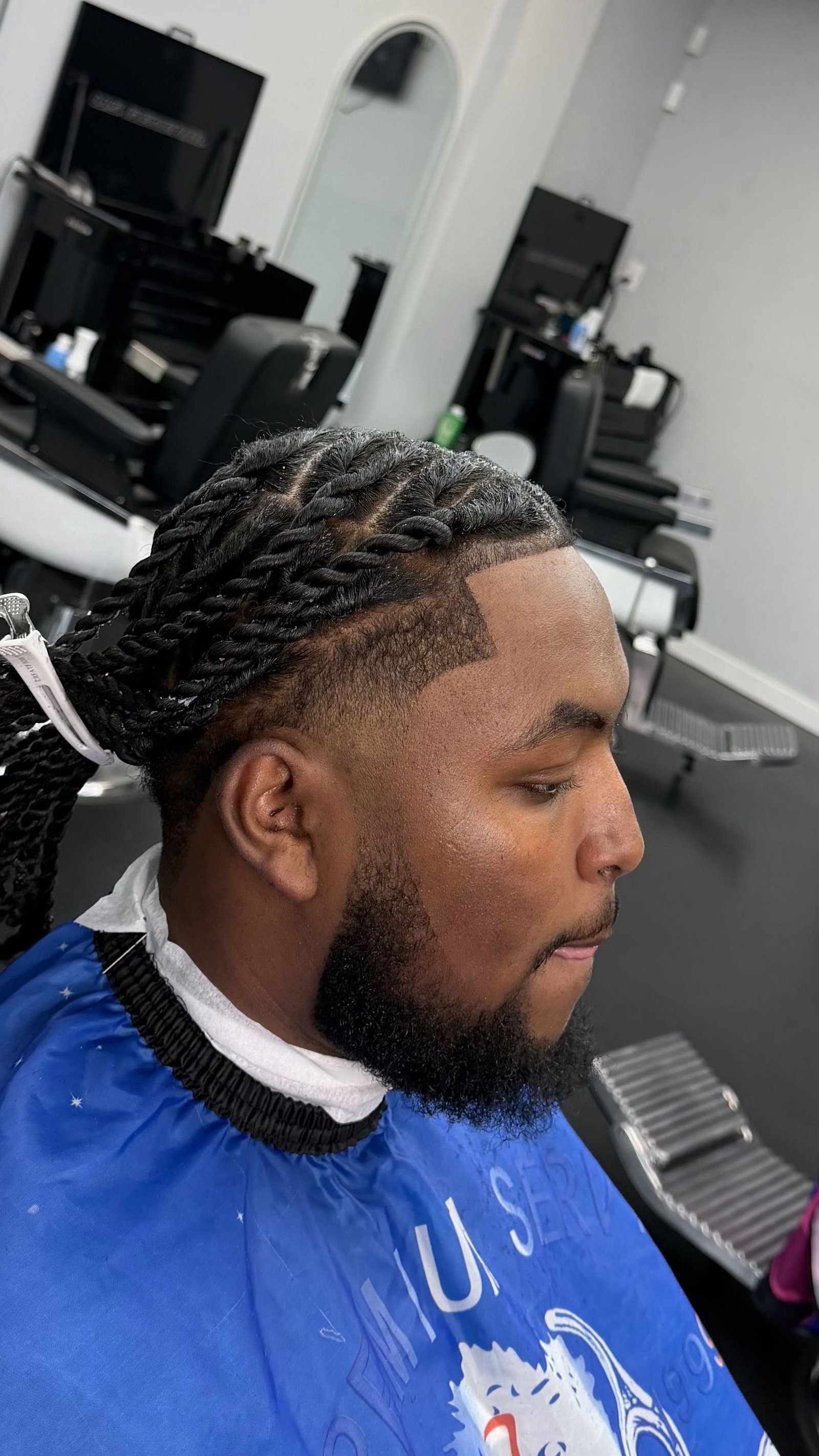 Twists with temple fade and beard shape-up